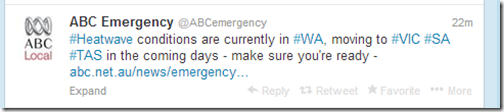 Tweet from ABC Emergency about the heatwave returning
